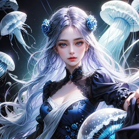 Jellyfish Blue Purple Black White hair Female Blue eyes Upper body Lots of jellyfish Jellyfish motif dress