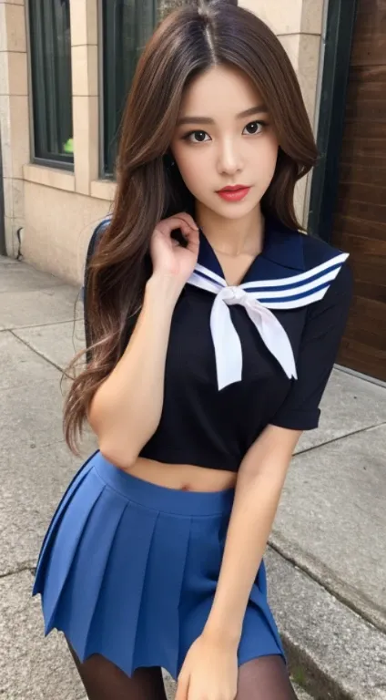 correct anatomy，（best quality，8K，32K，master piece，hyper hd：1.3），Snack street，attractive Japanese woman，（different angles，Different costumes，seven doppelganger photos：1.1），One woman，（medium breasts：1.1），perfect body，（sailor shirt,pleated skirt：1.3），super de...