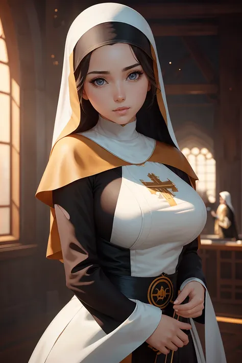 beautiful nun, sunshine, sunlight, ana de armas, hair with many details, beautiful, 8k artgerm bokeh, fanart best artstation, re...