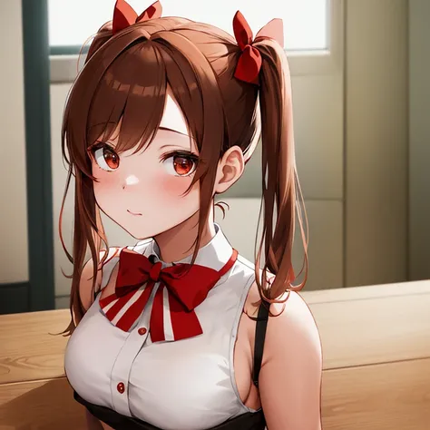 Anime girl with brown pigtails, adorned with red bows: (1.3),
Masterpiece, best quality, highres,
Detailed face: 1.2,
((Manga photography)): 1.1,
Brown pigtails: 1.4,
Red bows: 1.5,
Cinematic lighting: 1.6,
Natural skin texture: 1.7,
Sharp focus: 1.8,
Solo...