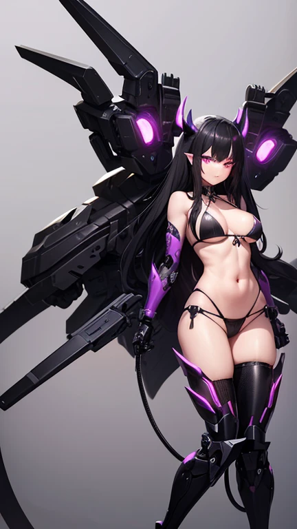 black Bikini, black demon horns, mechanical foot, black and purple eyes, breast, long black hair, Cyborg, mech, full body, mechanical arms, (detailed hands and fingers)
