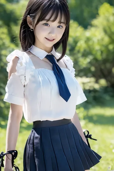 ((white short sleeve blouse、ultra mini pleated skirt、dark blue)), ((red tie))、 ((black boots))、((whole body esbion))、((side shot))、((、small and flat chest))、Beautiful girl with realistic black eyes, white skin, medium length black hair, perfect face, perfe...