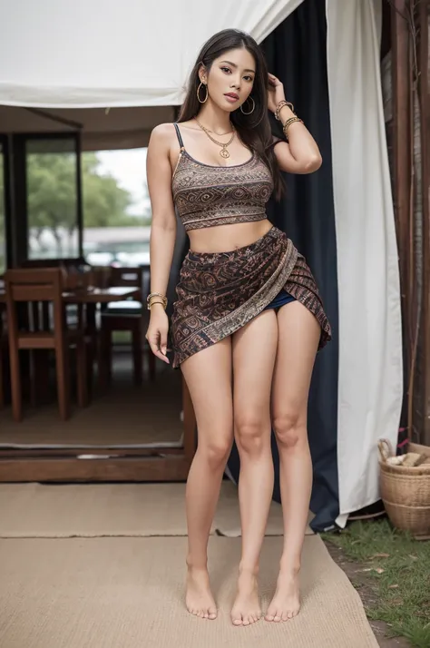 Dslr photo, (trileg:1.2), (8k, 4k, masterpiece),beautiful pretty filipina asian woman, sexy, hippie, bohemian, indoors, tent, night, dark patterned cloth skirt, bare midriff, headband, hoop earrings, bracelets, arm bands, necklace,sultry, blurry background...