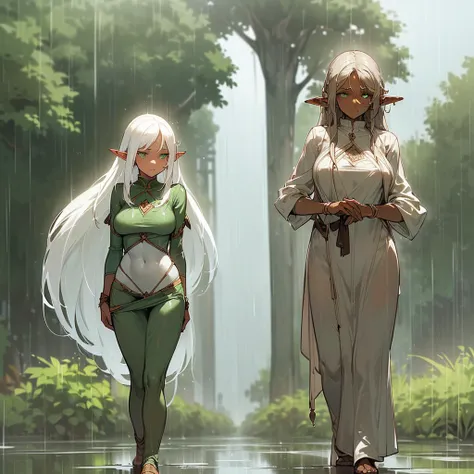 (((I want a solitary Elf Woman, Long white hair, Serene green eyes, brown skin, mature body with medium breasts and thin waist, wearing beautiful, slightly wet clothes, standing on a street where it is raining while she looks worried))),(((Alone)))