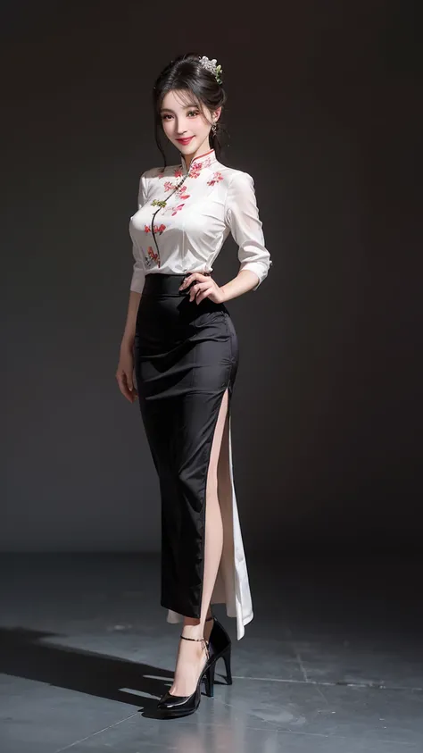 Chinese woman, beautiful face, masterpiece, HD, photorealistic, wedding attire, wearing Cheongsam, silk button blouse, pleated silk skirt, formal, physics-based rendering,(Full Body),(cute face:1.5),(huge breasts:1.2) ,high-heels,big hips,medium thighs,