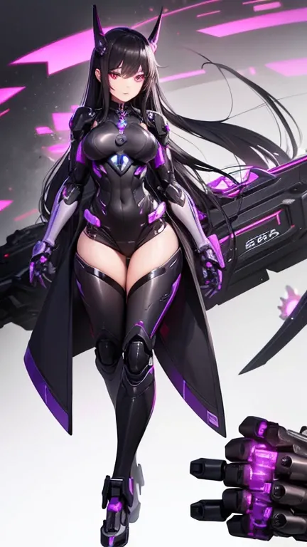 mechanical foot, black and purple eyes, breast, long black hair, Cyborg, mech, full body, mechanical arms, (detailed hands and fingers)
