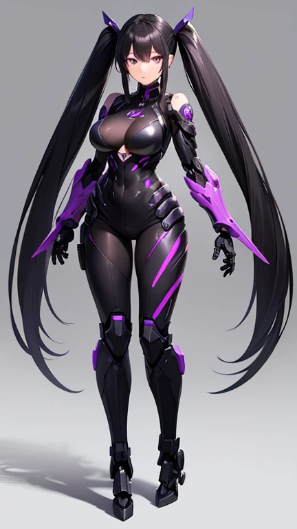 mechanical foot, black and purple eyes, breast, long black hair, Cyborg, mech, full body, mechanical arms, (detailed hands and fingers)
