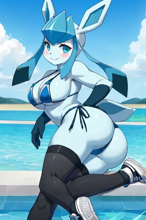 ((Glaceon)), anthropomorphic, big breasts, big ass, pokemorph, (((1girl))), (((blue ice bikini top))), (blue ice bikini bottoms), (black stockings), (white sneakers), full body, cute and sexy, icy blue skin, long legs, smiling