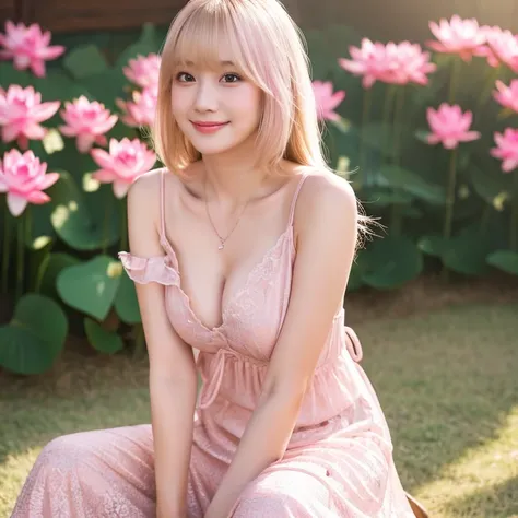 emphasizing the cleavage,(light pink )dress,Princess,extremely detailed 8k wallpaper,lotus ,upper body blouse ,lower body (black)long skirt,smirk face ,large breast ,Side undercut asymmetrical bangs blonde hair color hammered short hair,20-year-old beautif...