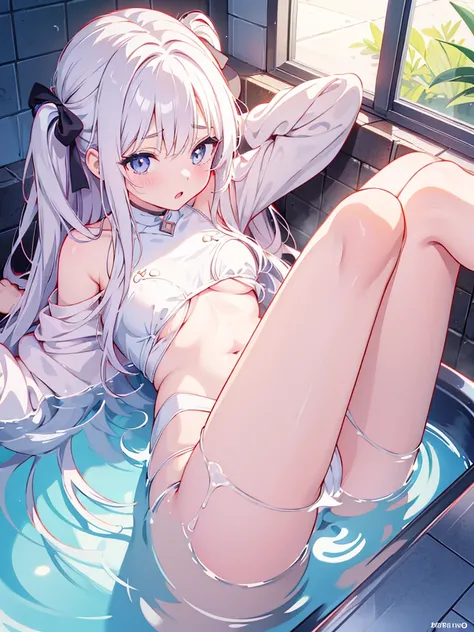 Anime girl used as personal cum bath, cabello albino ojos azules, piernas abiertas y vagina a la vista mientras hay un acercamiento a la vagina la cual esta goteando chorros de semen y expresion total de placer