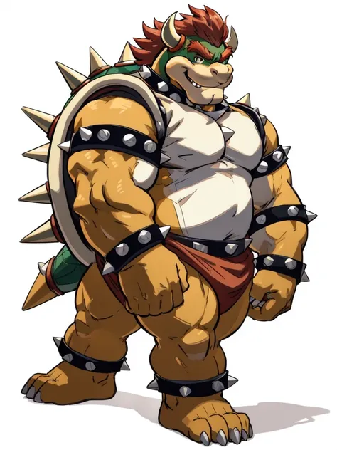 bowser, detailed bowser, 4k, high resolution, best quality, posted on e621, solo, male, masculine, pectorals, heavyweight, (white background, no background:1.1), (wfa style, meesh style:1.0), bowser anatomy, (detailed face, detailed eyes:1.0), (flat colors...