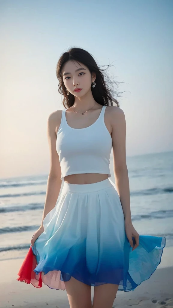 arafed woman in a white top and blue skirt on the beach, wearing two - piece swimsuit, wearing a tanktop and skirt, gorgeous young korean woman, with a thin waist, beautiful south korean woman, smooth white tight clothes suit, korean womens fashion model, ...