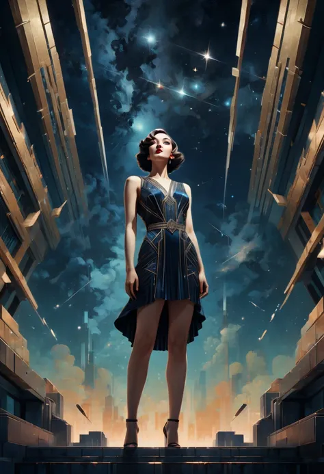 Art Deco, starry sky, brutalist design, full-body pose, panoramic, Ultra high saturation, (best quality, masterpiece, Representative work, official art, Professional, 8k)