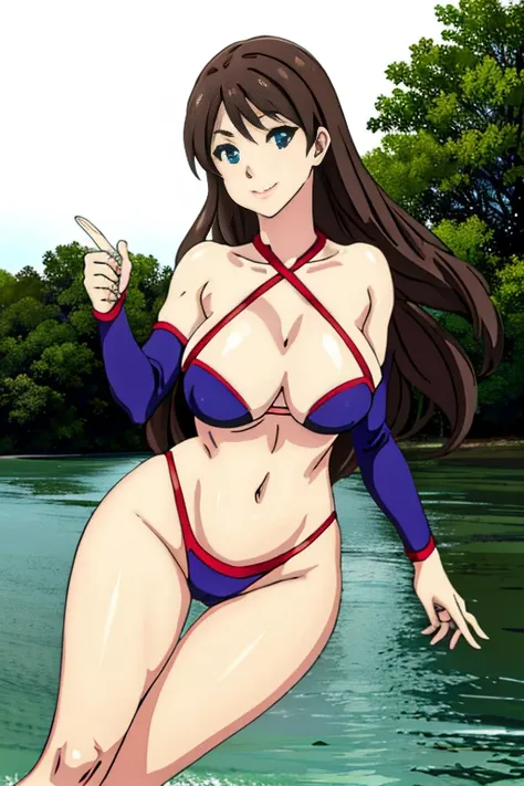 masterpiece, beautiful art, high resolution, best quality, 1 woman, solo, Yunyun, big breasted, cleavage, mature woman, full body, wearing a Tyris Flare outfit, sexy and skimpy bikini, sexy hips, legs and thighs, dancing seductively, looking at the viewer,...