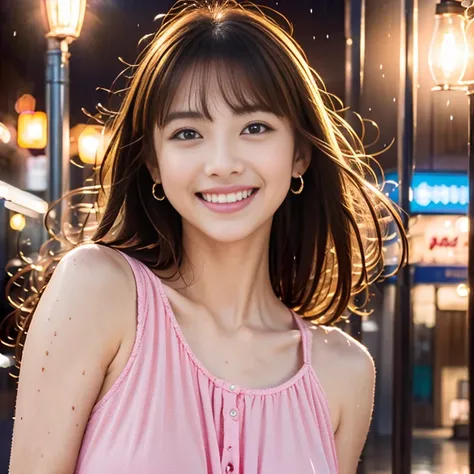 (((Only one woman)))、best image quality, high quality, 8K, (realistic pictures:1.4),((Brand Shop)))、((Shopping)) 、(pink dress), (((rainy day))), beautiful expression, Eye and face details, japanese woman、20 year old female、white skin、realistic eyes、F cup b...