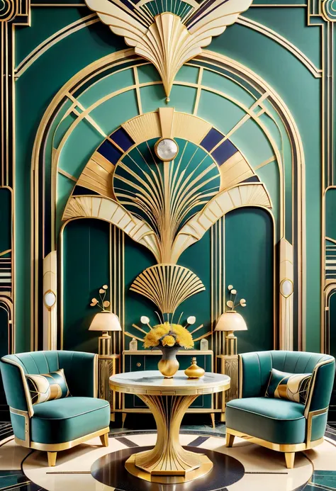 Create an image that captures the essence of the Art Deco style。The composition of the image should reflect the unique characteristics of decorative art，including geometric shapes、Strong lines and a sense of elegance and modernity。The focal point can be a ...