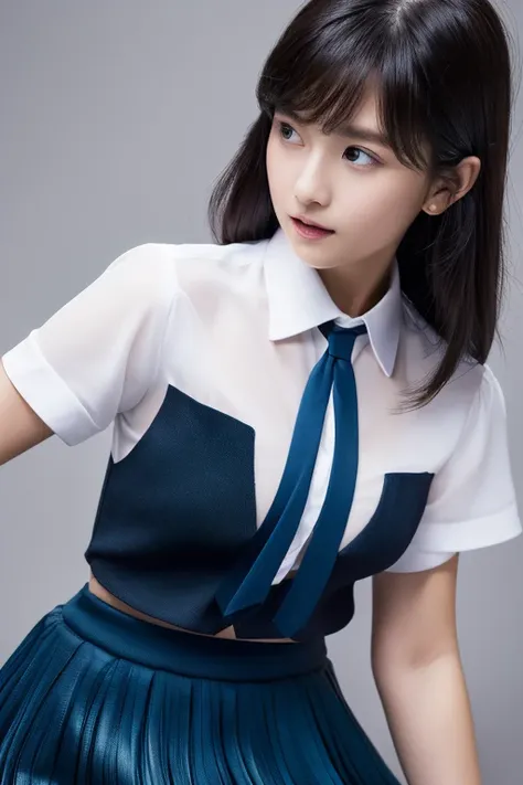 ((white short sleeve blouse、ultra mini pleated skirt、dark blue)), ((red tie))、 ((black boots))、((whole body esbion))、((side shot))、((、small and flat chest))、Beautiful girl with realistic black eyes, white skin, medium length black hair, perfect face, perfe...