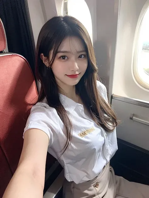 top Quority， tmasterpiece， 8K， hyper HD， （realisticlying： 1.4）， 1 rapariga， beauitful face， symetrical eyes， The large， perfect proportion of body， (flightattendantuniform)， The look of the audience， （inside airplane： 1.2）， up front view， absolute area ，se...