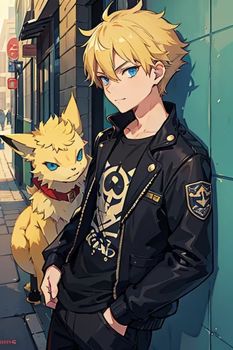 masterpiece, best quality, anime, 1male, 17 years old, rebellious, blonde, blue eyes, confident smirk, rough street clothing, city, leaning against wall, jolteon Pokemon, 