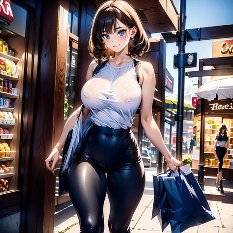 1 girl ,big breasts, (short curly brown hair ) , blue eyes, smiling, wearing earrings, 8K HD, Defined lines, glowing skin, bright eyes, Walking in the mall, shopping, holding several store bags, Wearing black latex pants and a tank top