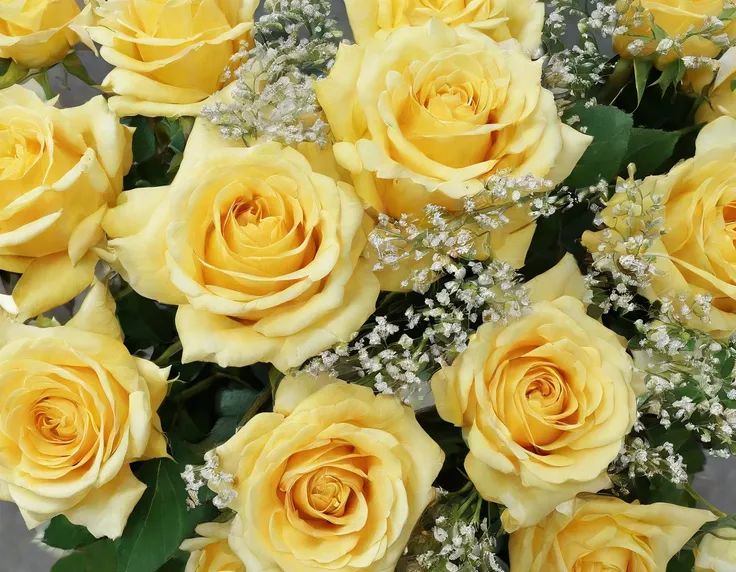 there is a bouquet of yellow roses and babys breath, bouquet, yellow, close view, golden flowers, yellow flowers, Lovely, cheap, yellow rose, bouquets, flowers, orange flowers, close up view, close up view, with yellow flowers around it, gold flowers, yell...