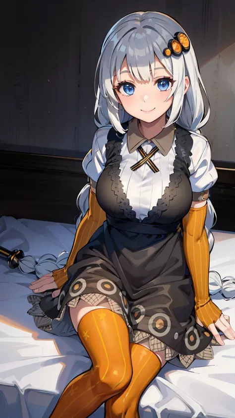 masterpiece,best quality,highres,ultra-detailed,aakari,blue eyes,long hair,ahoge,bangs,twin braids,hair ornament,black dress,white shirt,fingerless gloves,elbow gloves,orange pantyhose,vertical-striped pantyhose,indoors,bed,sitting,seductive smile

