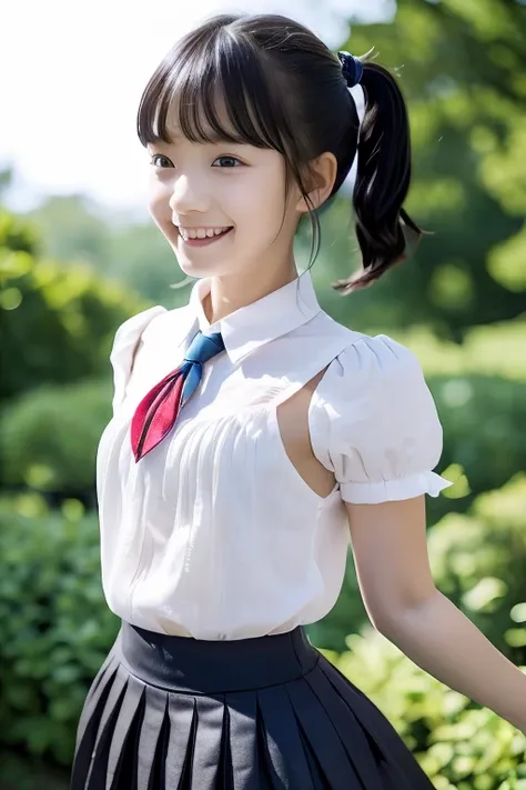 ((white short sleeve blouse、ultra mini pleated skirt、dark blue)), ((red tie))、 ((black boots))、((whole body esbion))、((side shot))、((、small and flat chest))、Beautiful girl with realistic black eyes, white skin, medium length black hair, perfect face, perfe...