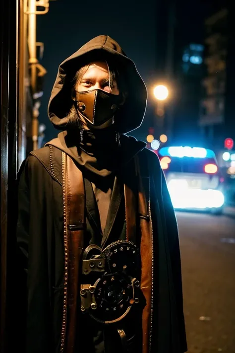 masterpiece,steampunk,wearing black robe,hood up,1 man,pendant,wearing mechanic mask,hiding face,night,