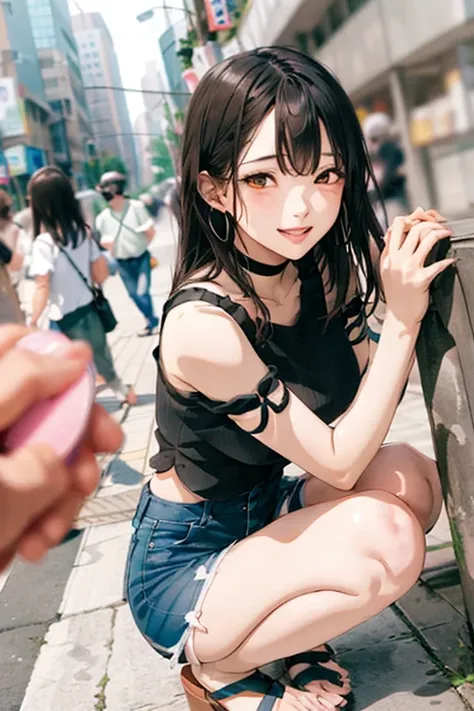 masterpiece, best quality,1girl,young girl,brown eyes,long hair,mesugaki smile,shiny skin,(nice leg line:1.3),thick thighs,thin waist,huge breasts
BREAK
, Black_bodysuit, high-waisted_shorts, platform_sandals, chain_choker_necklace, hoop_earrings,
BREAK
, ...