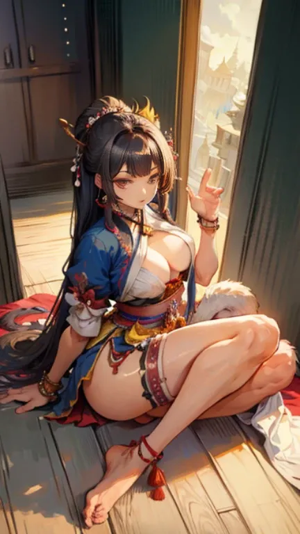 a high detail image of a female samurai wearing short skirts, view from below her skirt showing her panties, holding two Katanas in her wrist! beautiful face, highly detailed, gorgeous feet