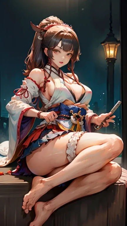 a high detail image of a female samurai wearing short skirts, view from below her skirt showing her panties, holding two Katanas in her wrist! beautiful face, highly detailed, gorgeous feet