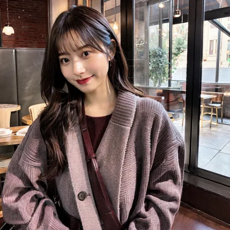 Gray sweater，Burgundy leather coat，Extra-long hair，Exposed shoulder，Breakfast place