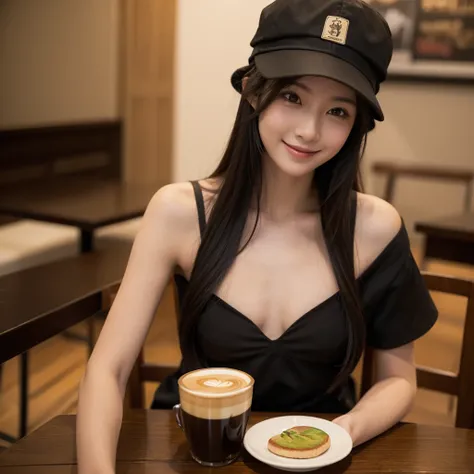 (masterpiece:1.2), (best quality:1.2), Cafe, coffeeカップ, coffee, dark wizard girl, small breasts, neckline,.hat, facing forward, Smile,