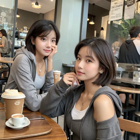 (realistic、High resolution:1.3)、There&#39;s only one girl with a perfect figure、super thin face and eyes、short hair、Tank top、at the cafe、coffee on the table、C cup、Wearing a gray hoodie