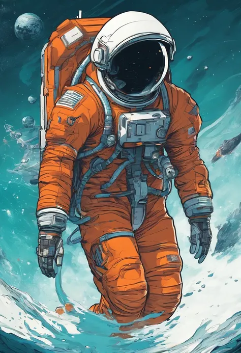 An astronaut in an orange space suit falling to the deep depths of the ocean, no bad body, no missing fingers, no fused fingers, no extra arms, sci-fi, rtx on, gigantic scale