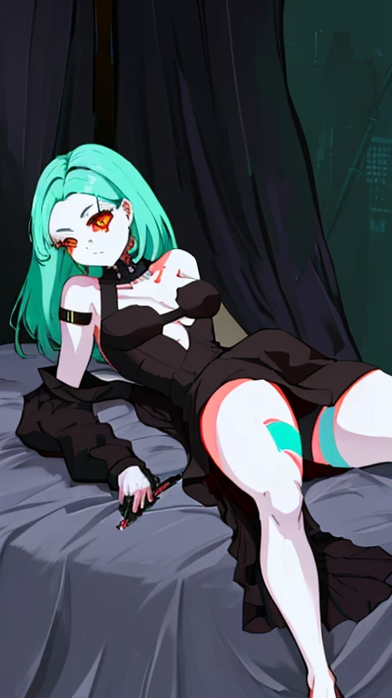 there is a woman that is laying down on a bed，holding an pistol {{block 9mm}}, Guviz-style artwork, style of anime4 K, Ross Tran 8 K, Digital cyberpunk anime art, Guweiz in Pixiv ArtStation, Guweiz on ArtStation Pixiv, e - girl, E-Girl, cyberpunk anime gir...