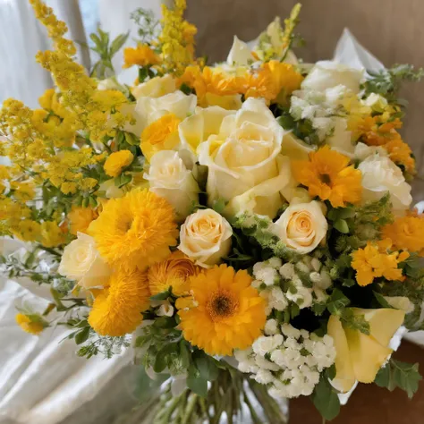 there is a bouquet of yellow  bouquet, yellow, moneyen flowers, yellow たくさん、flowers, niceな,, yellow、Aoba、bouquet, flowers, orange flowers,with yellow flowers around it, money flowers, yellow orange, flowers!!!!, Happy!!、beautiful、nice、money、light、bouquet、y...