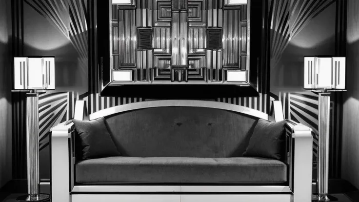 RAW photo in sequence, an image of an art deco environment, ((visible art deco furniture details, cabinet, mesa, sofa, luzes naturais, contraste alto, HDR, foto realista, foto profissional, Interaction with the viewer, estilo visual atraente, fotorrealista...