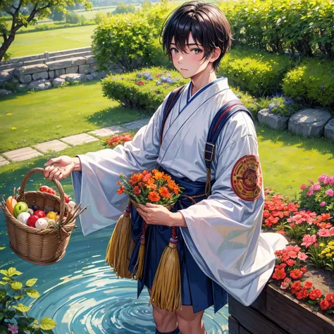  High resolution, Super detailed, masterpiece, highest quality,oriental、boy、boy working in the field、grassland、Basket Bag、Wearing traditional Japanese costumes、Japan ancient hairstyles、game poster、alone、