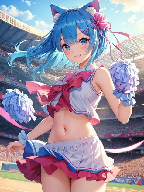 very cute and beautiful cheerleader girl,(very detailed美しい顔と目),(holding pompoms in both hands),(smile),(Rem,Re:zero,Big),Cat ear,
(Stadium Stand),cowboy shot,dynamic pose,(sleeveless shirt),beautiful feet,belly button,dynamic angle,(blue hair,short hair),
...