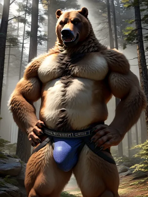 ((Grizzly)), anthro, white teeth, ((standing)), saliva, (((brown)) furred body)), ((dominant)), ((intimidating)), dilf, Daddy, father figure, mature male, pecs, ((crotch focus)), ((forest)), ((very detailed background)), ((very detailed lighting)), ((very ...