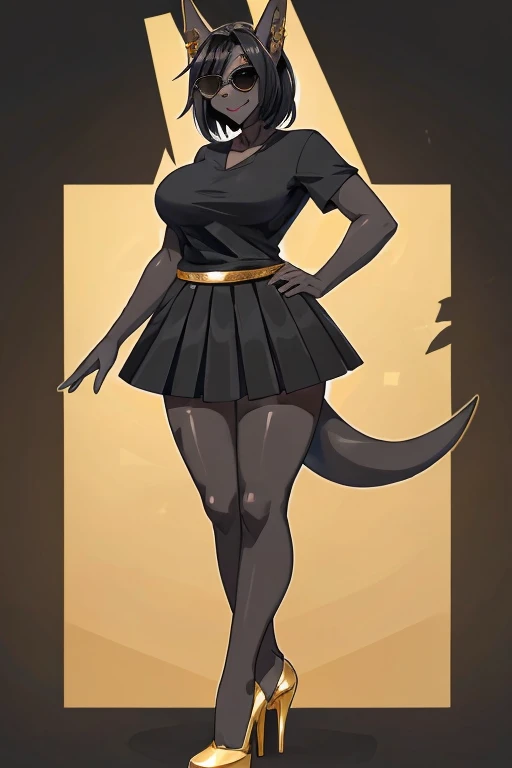 female, jackal, anthropomorphic, big breasts, big ass, black hair, (((1girl))), (((gold trimmed black shirt))), (black long skirt with slit), (gold heels), full body, cute and sexy, black skin, long legs, smiling, (narrow frame sunglasses)