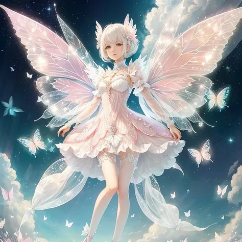 white-haired fairy wearing pink transparent sparkling diamond dress、on the sky，livestock，long legs，symmetrical wings,magic（（（pet...