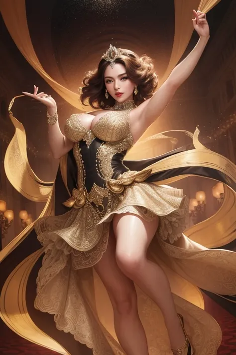 Masterpiece of Art Deco elegance, a beautiful woman with cascading brown locks graces the canvas, catching the essence of a bygone era. Her voluminous skirt swirls around her, casting a mesmerizing trail as she gracefully dances, lost in the rhythm of the ...