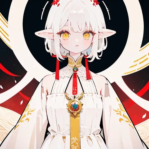 female, short white hair, but long side hair, looks like an albino, yellow eyes, has horns, white dress, several red ribbons decorate the dress, there is a bell on the neck, elf ears