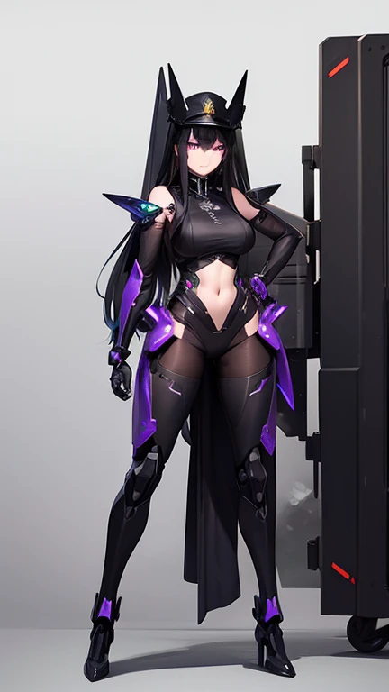 mechanical foot, black and purple eyes, breast, long black hair, Cyborg, mech, full body, mechanical arms, (detailed hands and fingers), military hat