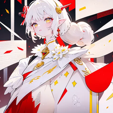 female, short white hair, but long side hair, looks like an albino, yellow eyes, has horns, white dress, several red ribbons decorate the dress, there is a bell on the neck, elf ears, red horns, solo, one person 