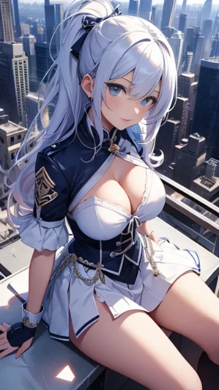 最high quality、best image quality、8k、(full body:1.3),dynamic view、Cinematography、Sunlight、masterpiece、girl((18-year-old、plump bust、largebust、Bust 95,beautiful blue eyes、wide open chest,Bold chest、cleavage、blue silver ponytail、Slender body、Show the whole bod...