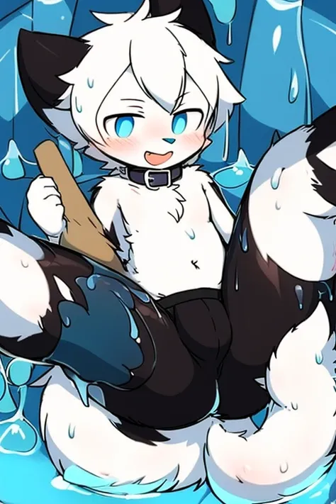 A teenage male white cat in white slime，delicate skin，fine hair，furry tail，blue eyes，white cat ears，Lovely，Wearing black boxer shorts，Open your mouth and stick out your tongue，Covered in slime，Topless，mouth full of mucus，Collar and thighs covered with mucu...