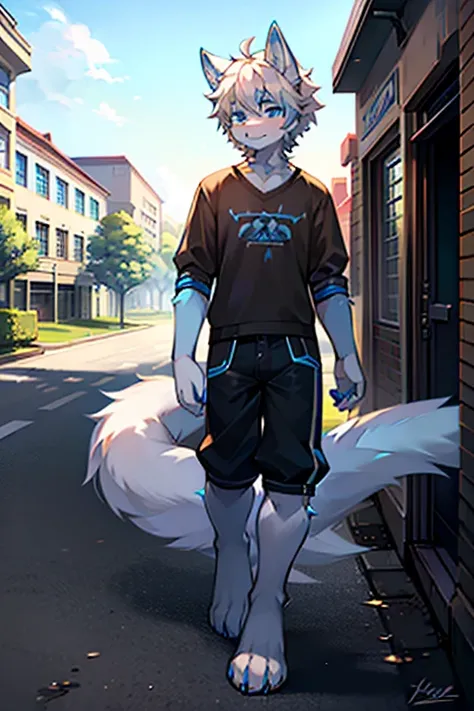 1 boy, Dragon Wolf, White and blue fur,Four toes，Four fingers，full-body shot, blue eyes, messy hair, white hair, short hair, masterpiece, Very detailed, Casual Clothing，Being bullied on campus